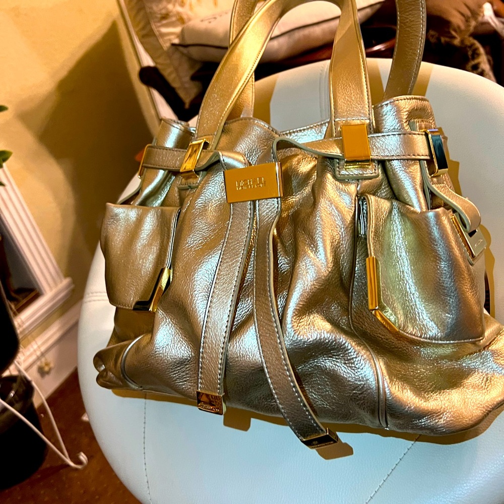 Michael Kors Gold Metallic Pebble Leather Shoulder Bag with gold hardware